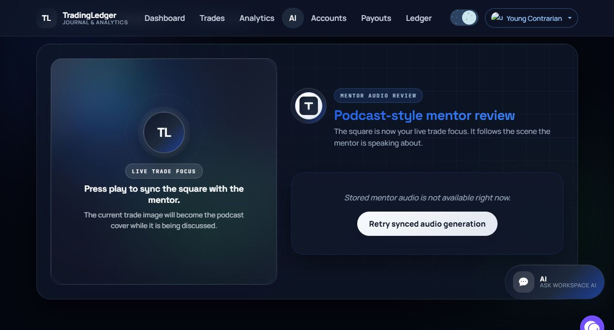 TradingLedger Mentor audio screen in dark theme
