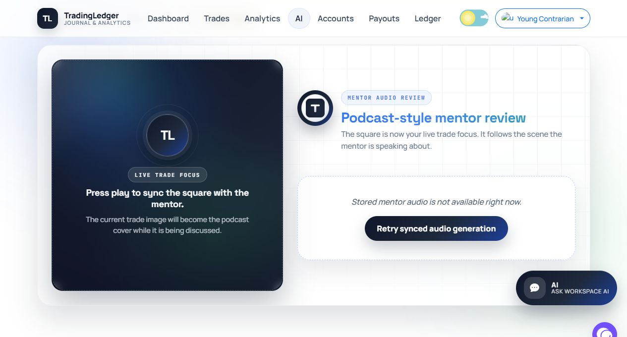 TradingLedger Mentor audio screen in light theme